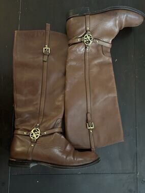 Coach Mulan Brown Leather Knee High Riding Boots Logo Buckle Zip US 5B EU 35